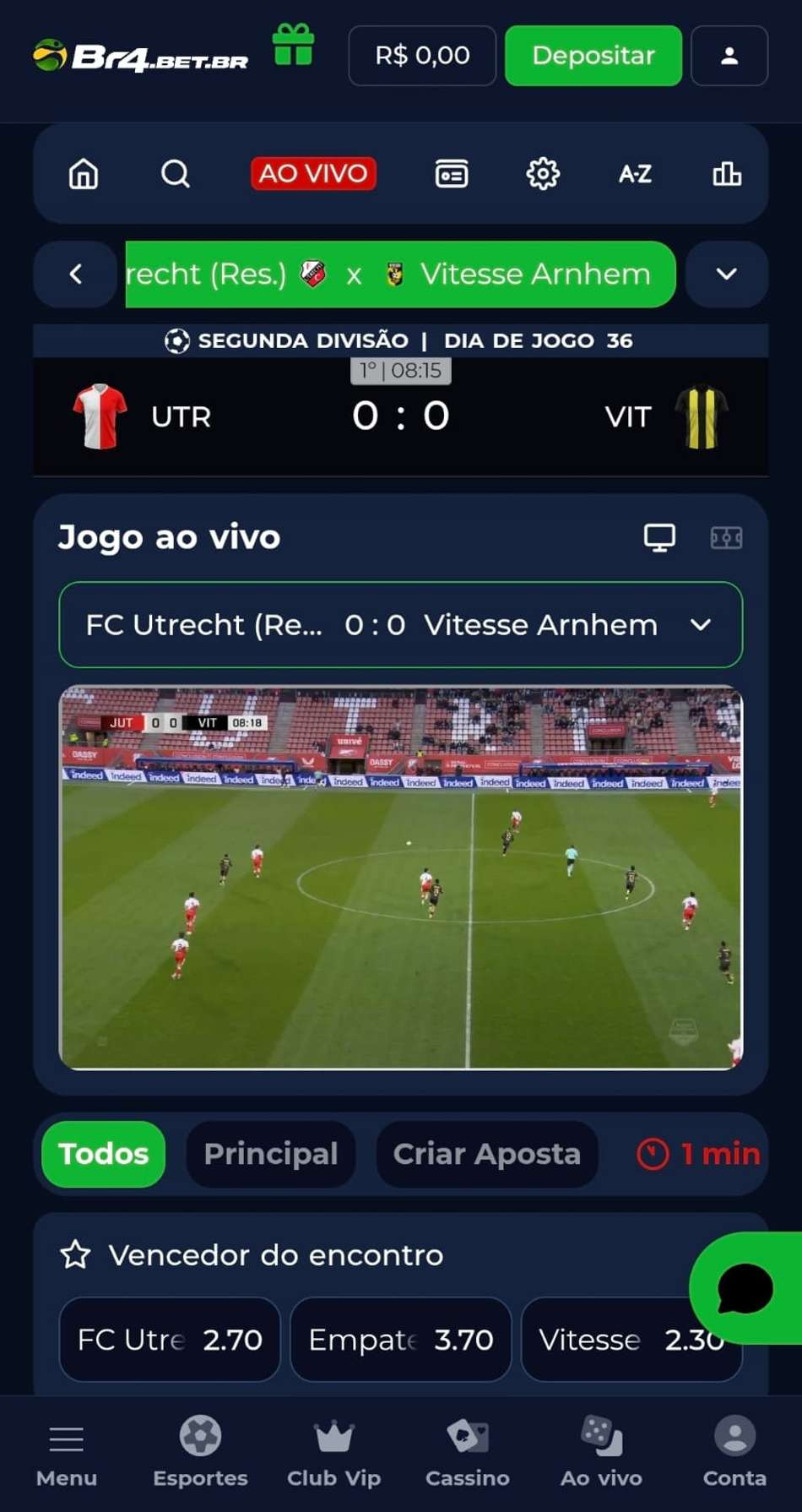 Captura de tela das apostas ao vivo na casa da BR4BET exibindo o streaming e odds para palpites.