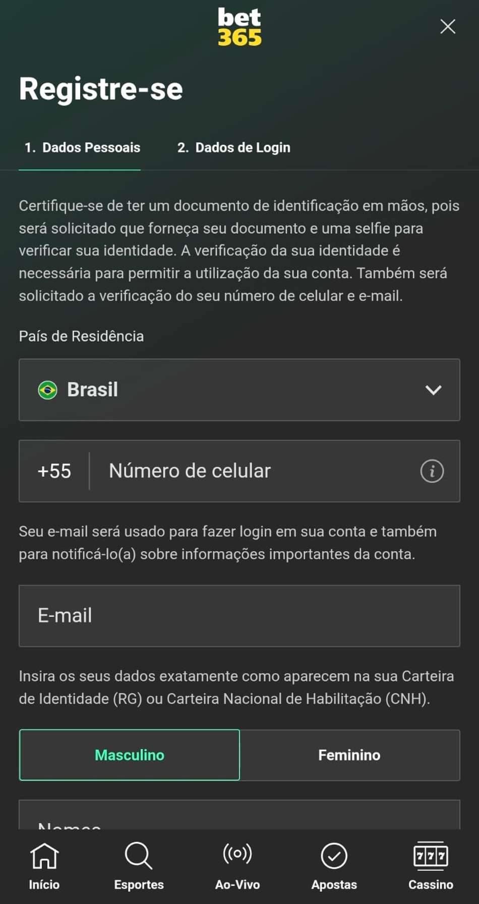 Captura de tela do formulário de cadastro na bet365 para iniciantes.