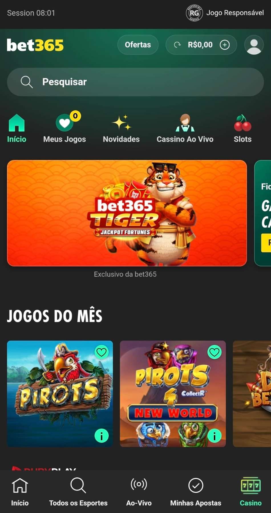 Captura de tela da seção de cassino na bet365 com o catálogo de jogos disponíveis para usuários iniciantes e experientes.