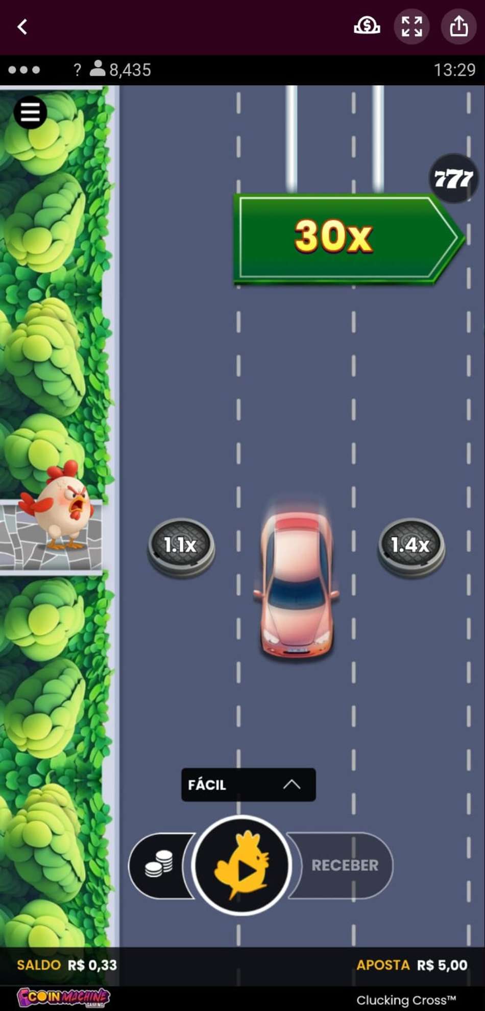 Captura de tela do Clucking Cross na Superbet, um jogo alternativo ao Chicken Road.