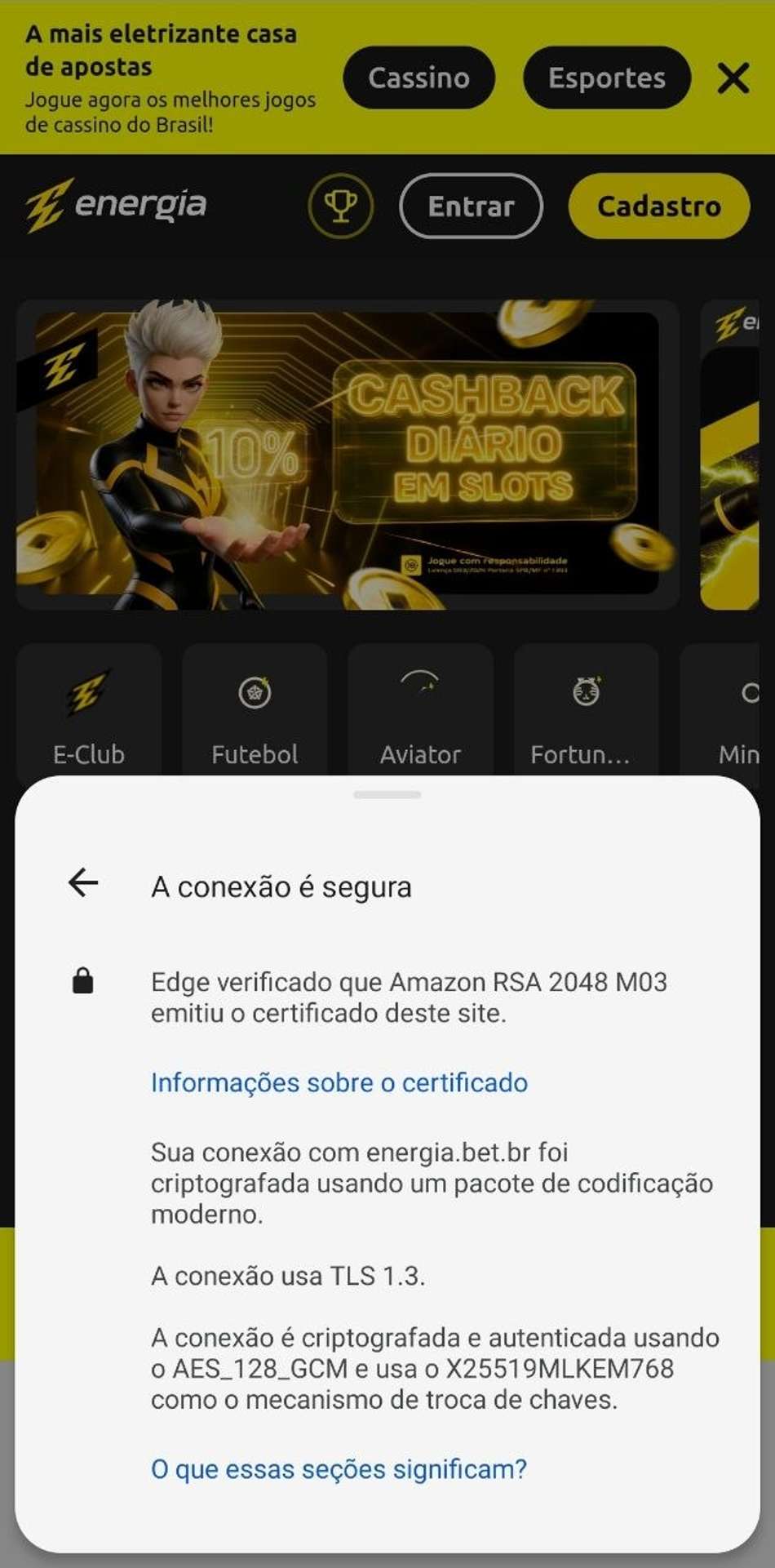 Informações de conexão segura na Energia Bet pelo mobile