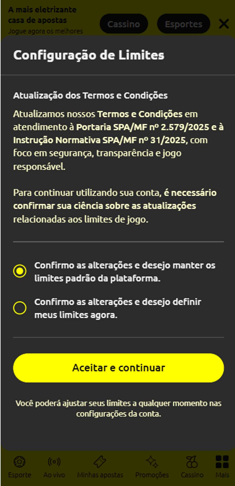 Configuração de limites na Energia Bet no 1º login