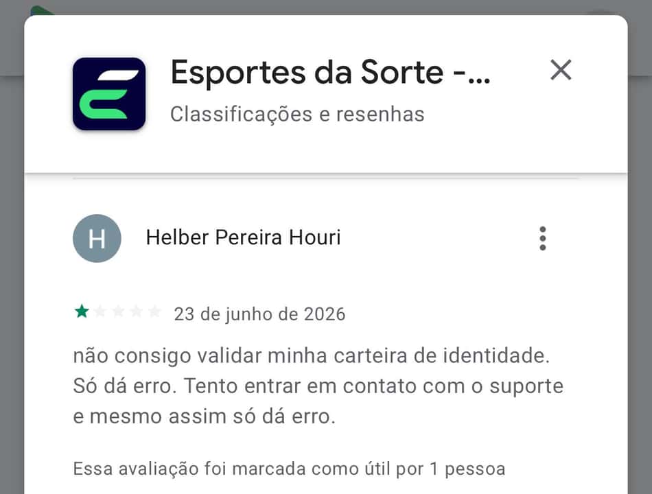 Captura de tela mostra uma avaliação do app da Esportes da Sorte.