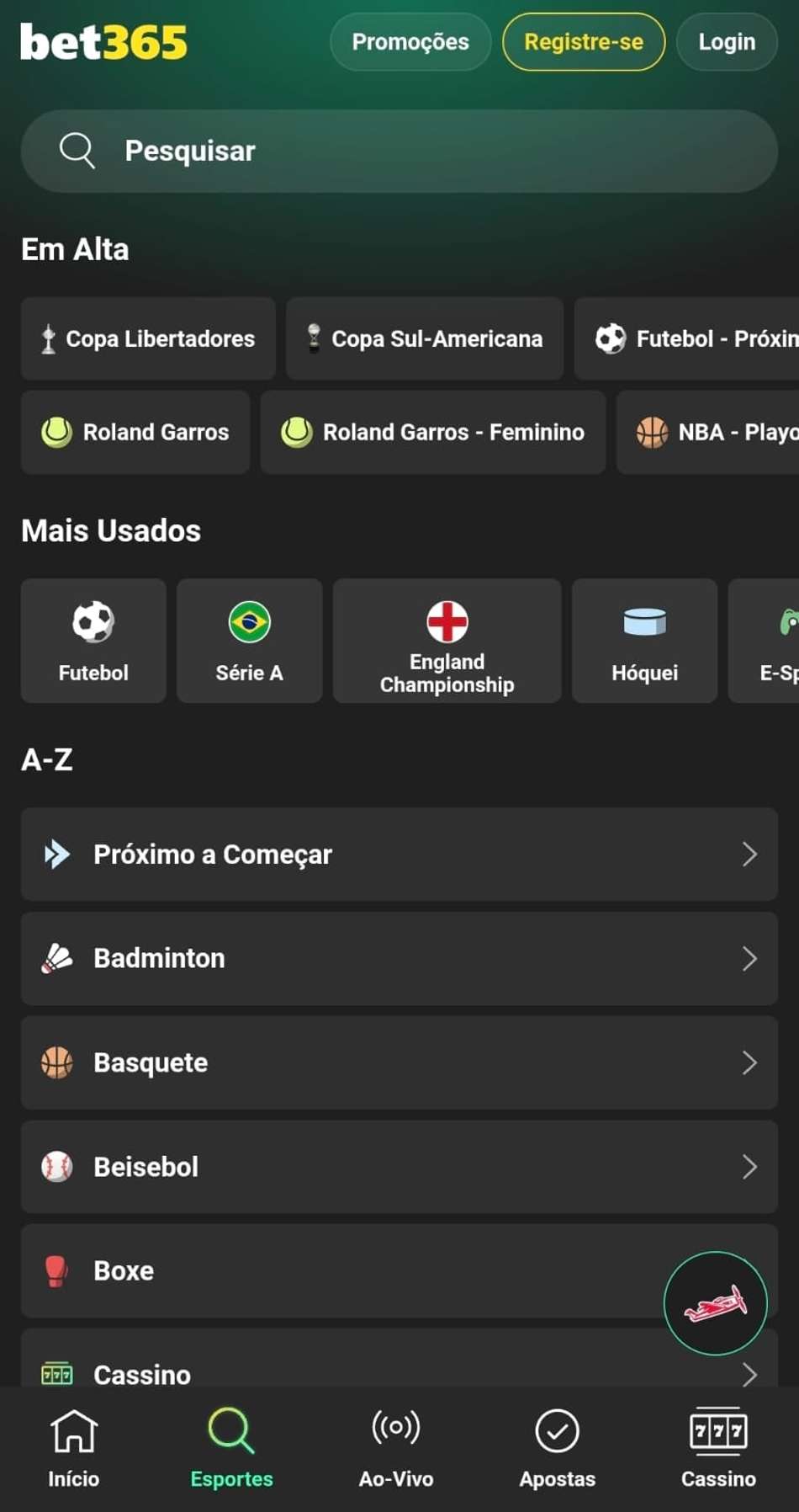 Captura de tela da seção de esportes da bet365 exibindo os jogos em alta e modalidades de a-z.