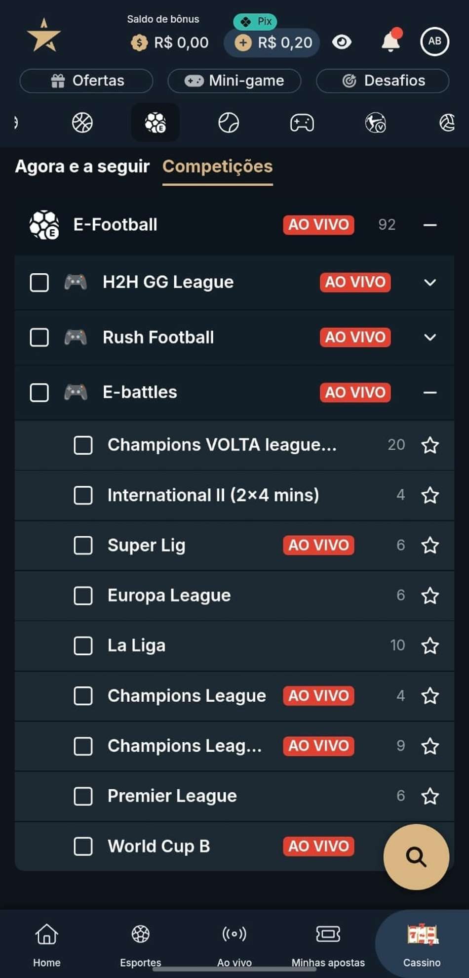 Captura de tela das competições de jogos disponíveis para apostas FIFA na EstrelaBet.