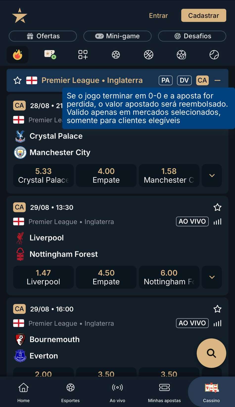 Captura da tela de apostas na Premier League com Empate Devolve 0 x 0 na Estrela bet.