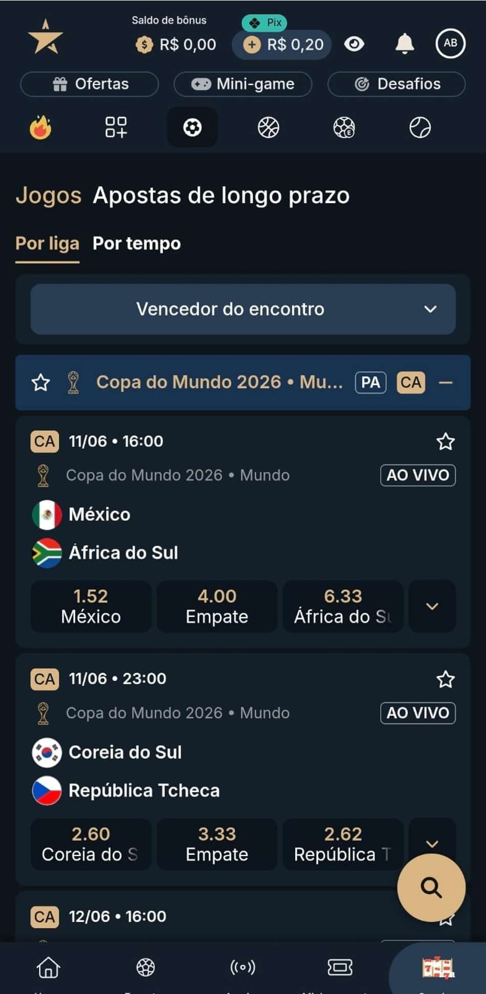 Captura de tela dos mercados de apostas ativos na Estrela bet para apostar na Copa do Mundo.
