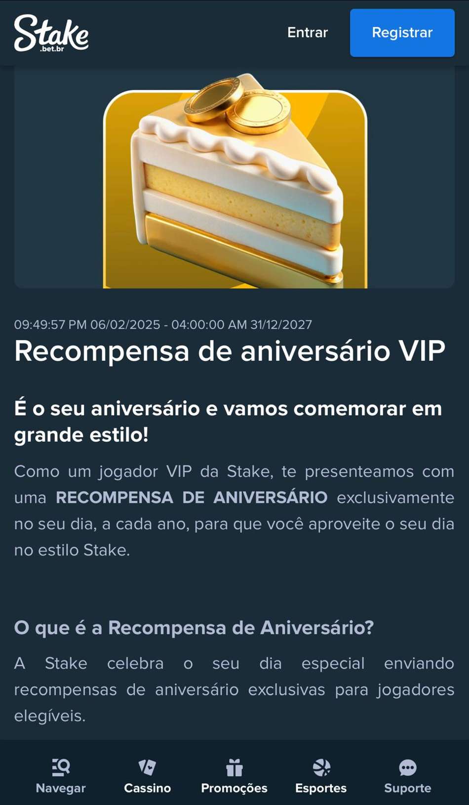 Captura de tela da oferta de Recompensa de aniversário na Stake.