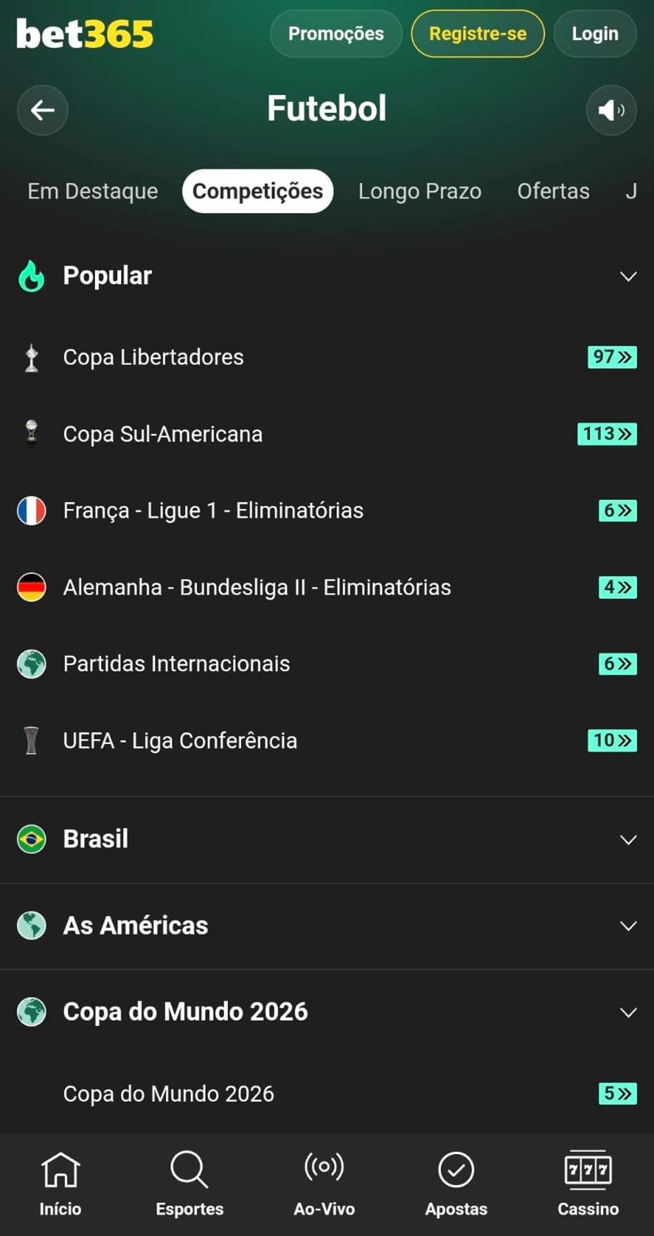 Captura de tela do filtro de esportes da bet365 exibindo as opções de apostas em futebol.