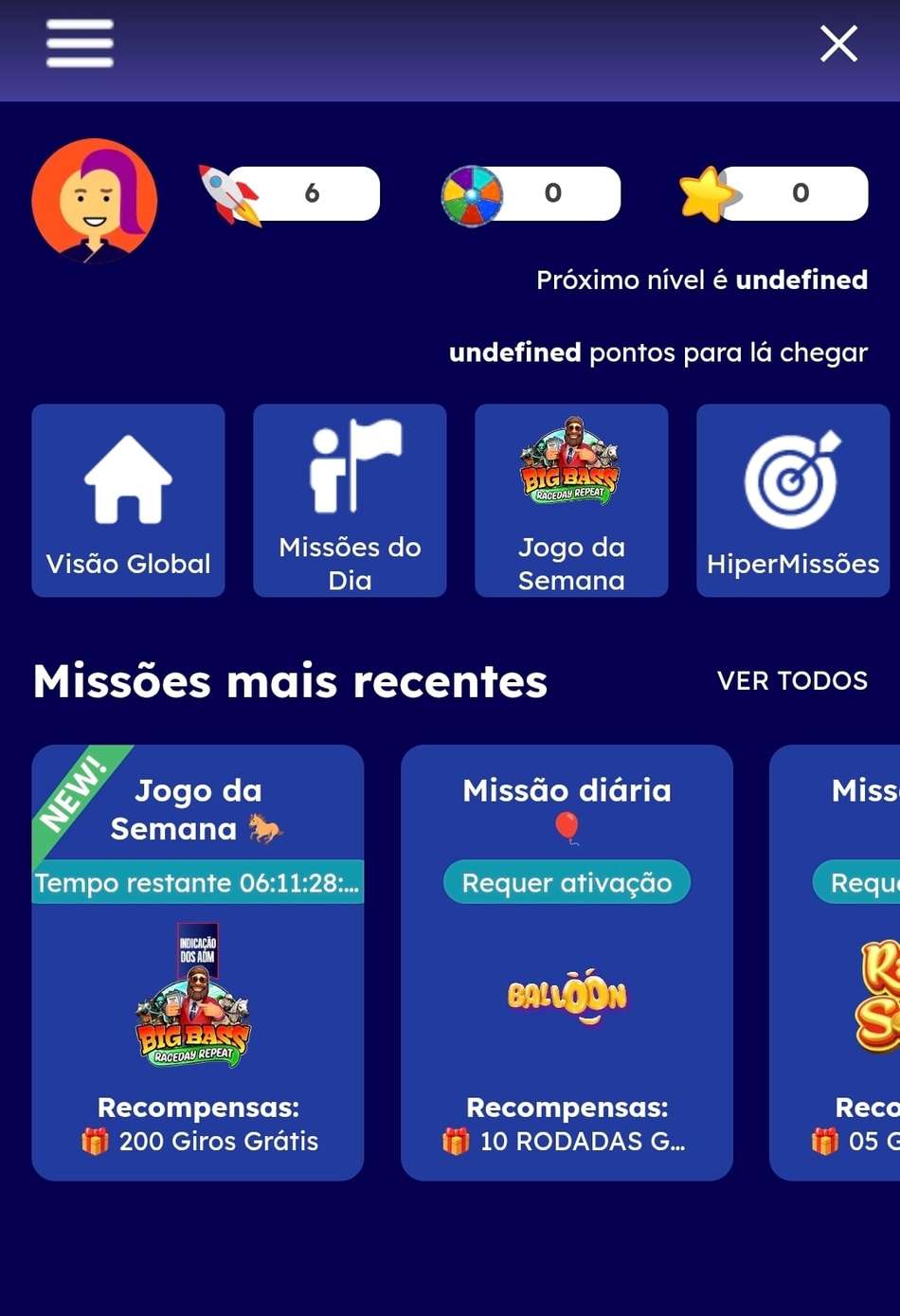 Captura de tela das missões recentes na Hiperbet ativas na seção Hiper Missões.