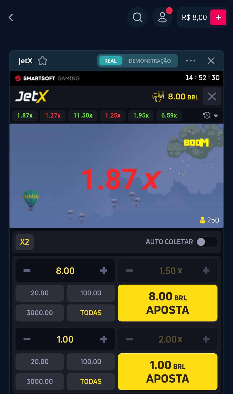 Captura de tela do JetX na Novibet.
