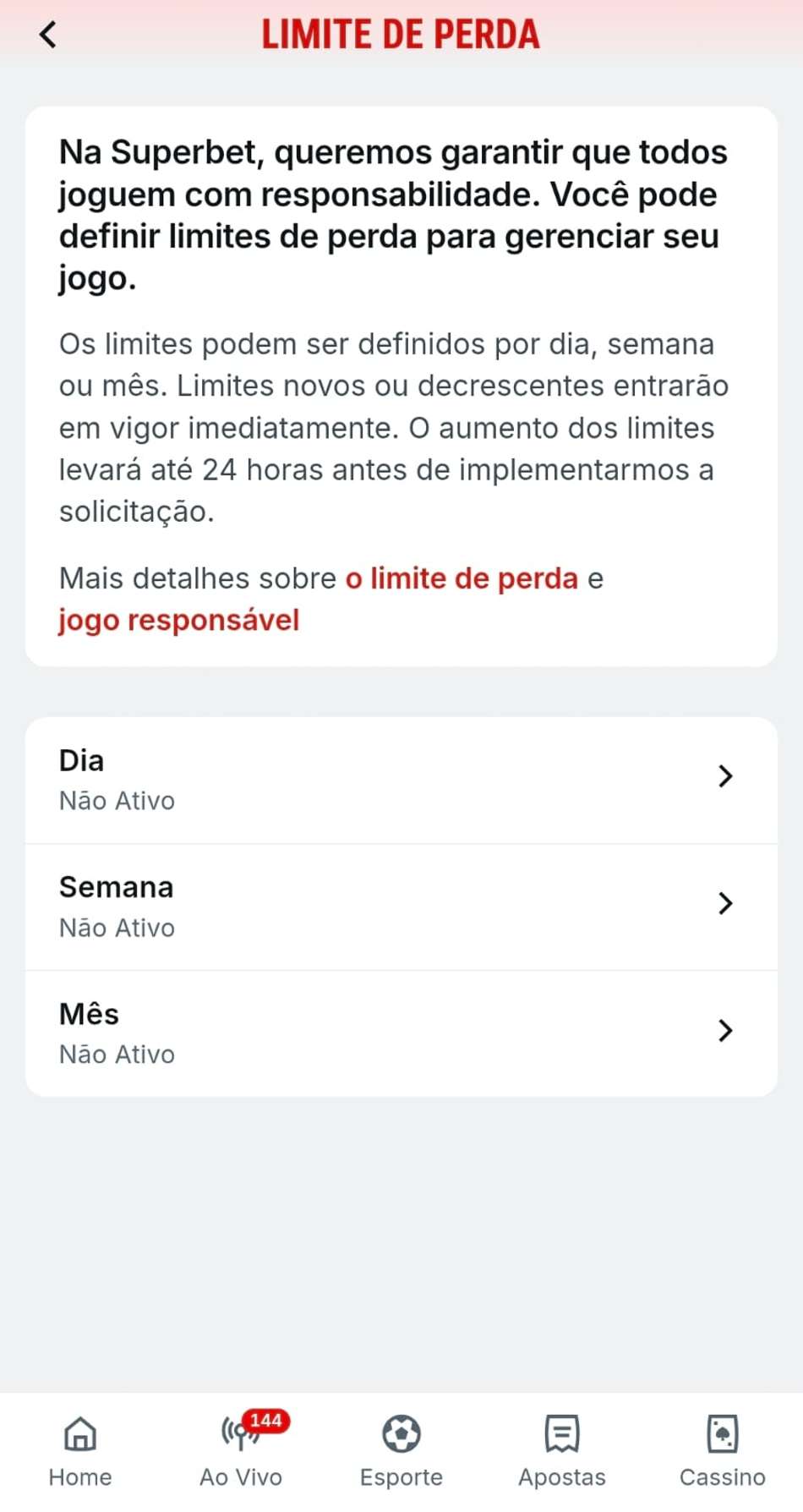 Captura de tela das ferramentas de jogo responsável na Superbet com os botões e opções para restringir o valor de perdas em apostas.