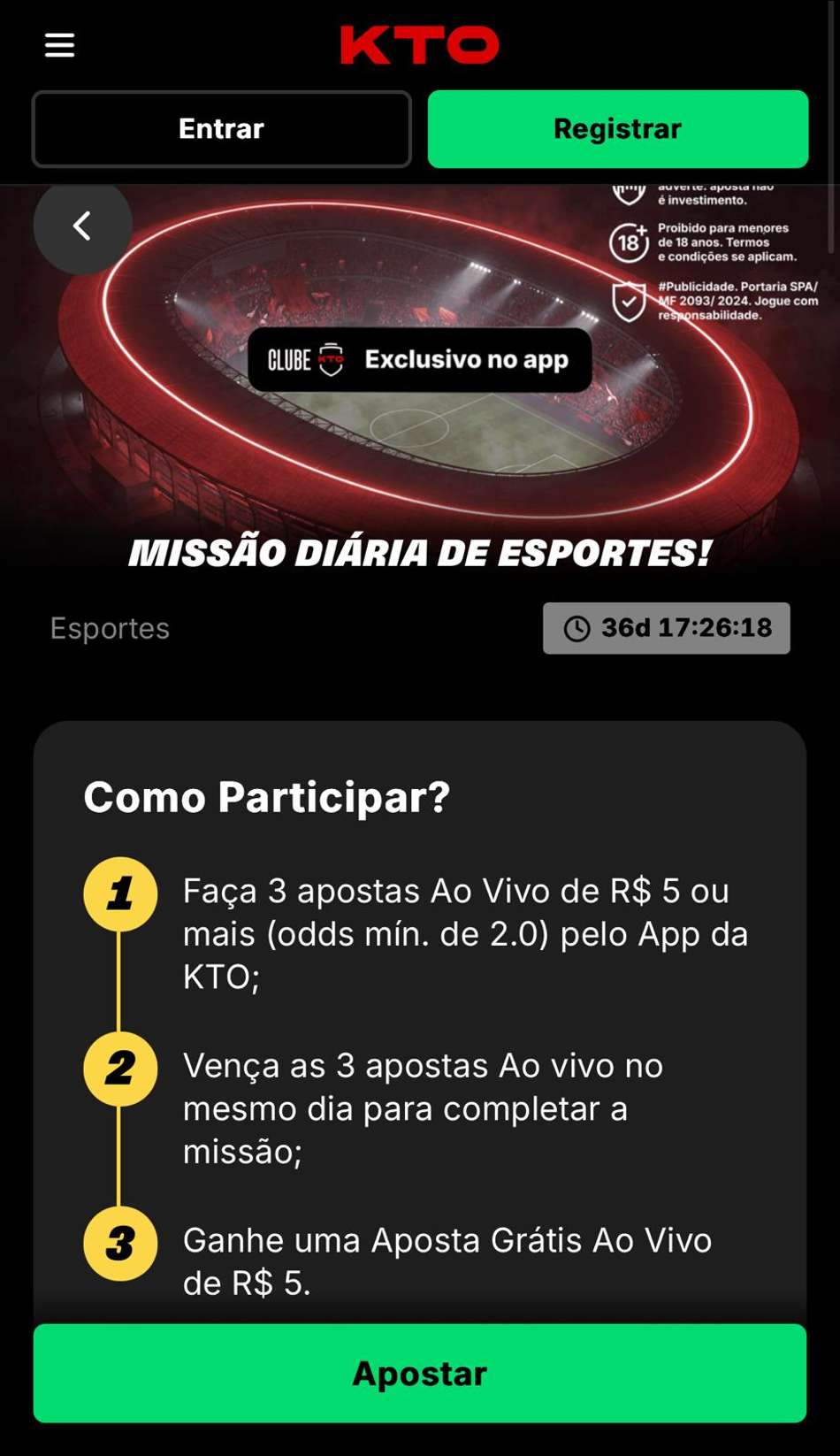 Captura de tela da Missão Diária de Esportes na KTO.