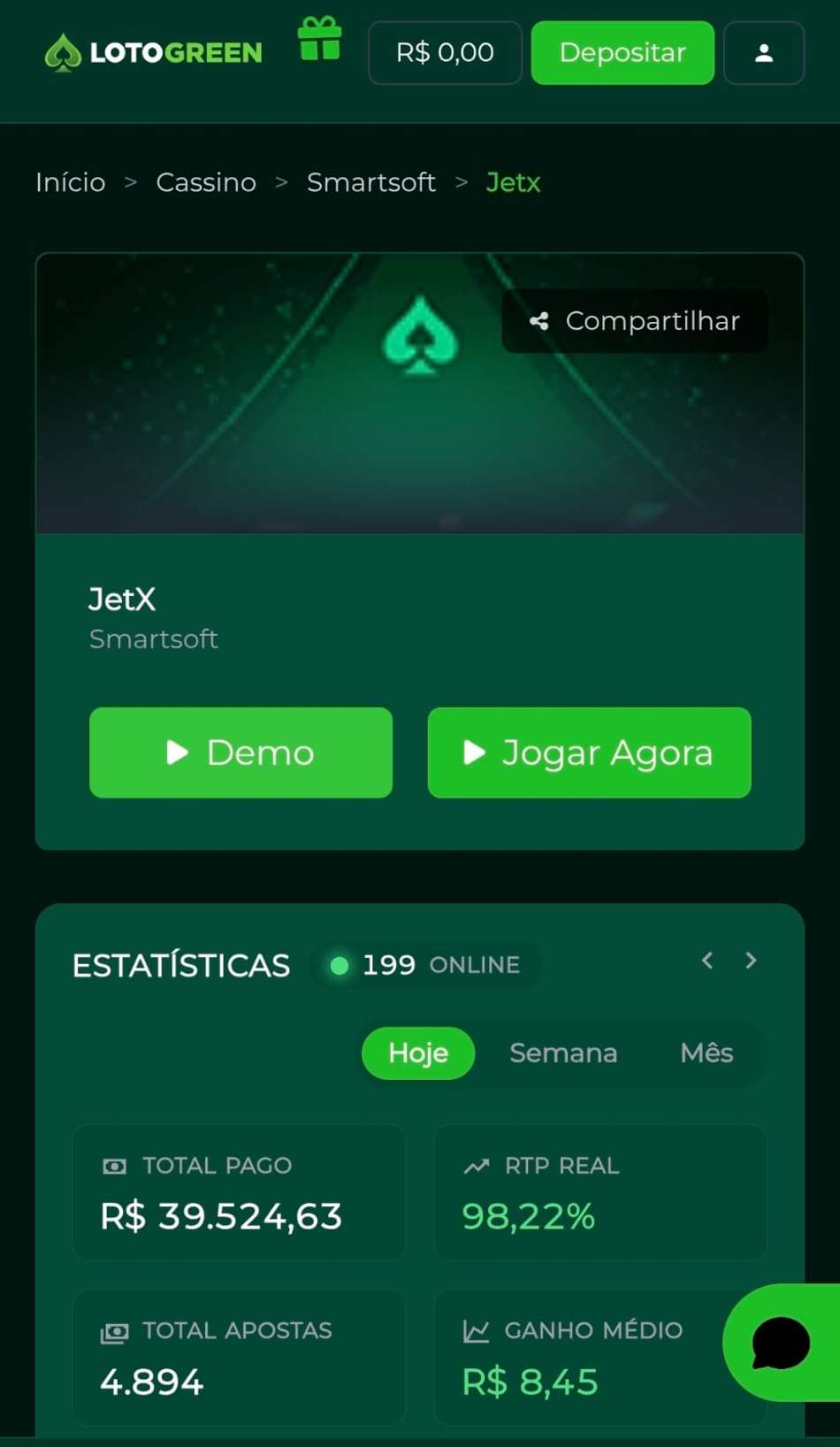 Captura de tela da página do jogo JetX na Lotogreen