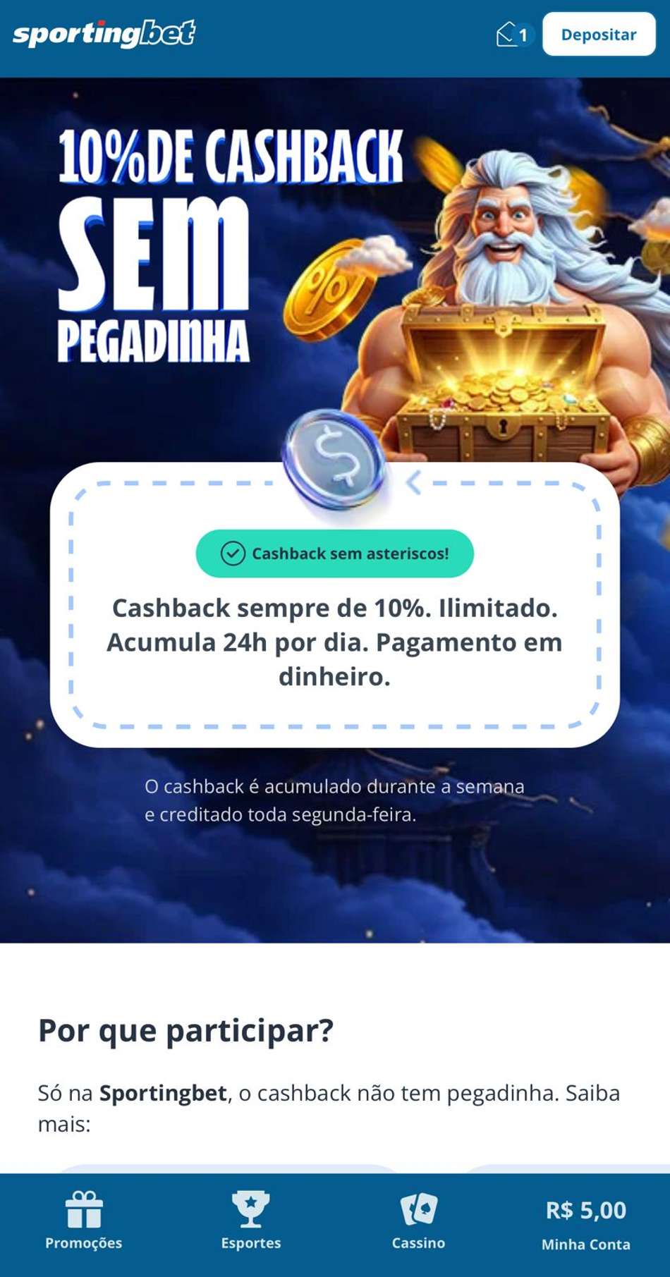 Captura de tela da promoção de cashback em cassino da Sportingbet.
