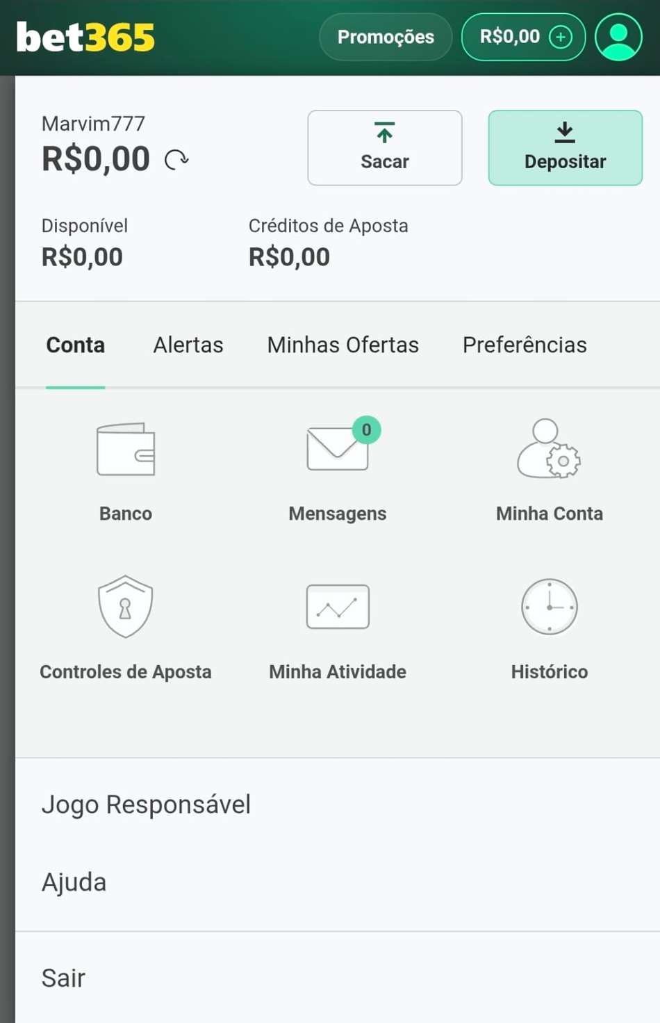 Captura de tela da seção de menu de usuário com os botões de banco, mensagens e configurações da conta na bet365.