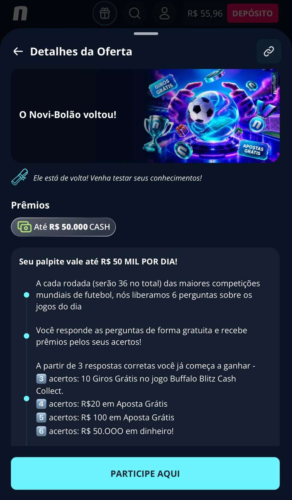 Captura de tela do Novi-Bolão da Novibet.