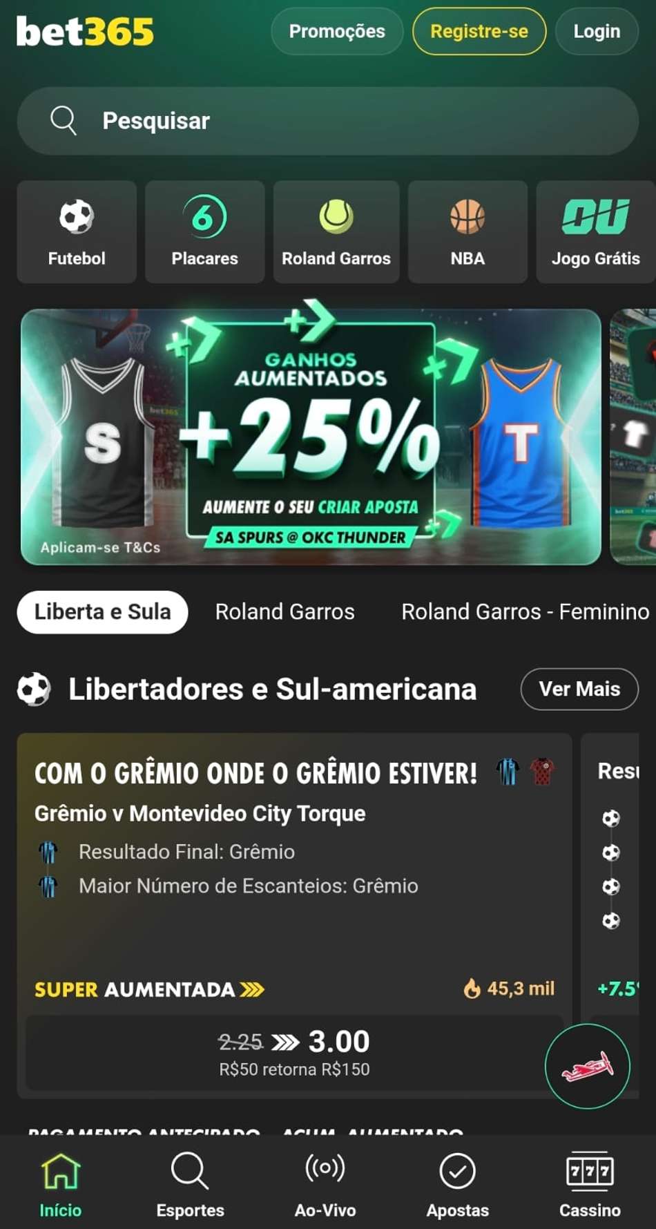 Captura de tela da bet365 exibindo a página de início da casa, com jogos em destaques.