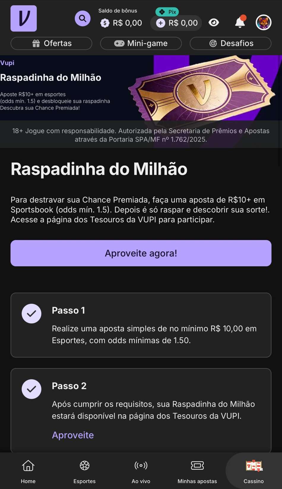 Captura de tela da Raspadinha do Milhão, promoção da plataforma de 1 real Vupi.