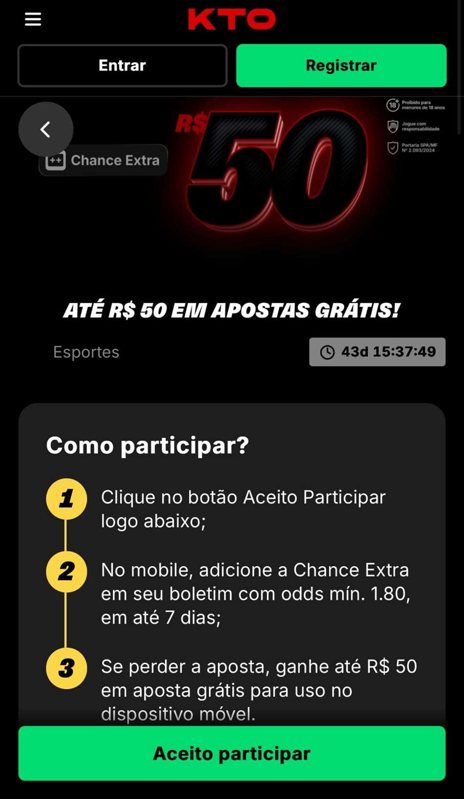 Captura da tela da promoção Chance Extra na plataforma de 5 reais KTO.
