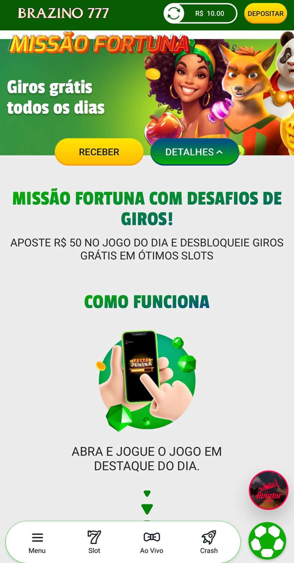 Captura de tela da promoção "Missão Fortuna" na Brazino777.