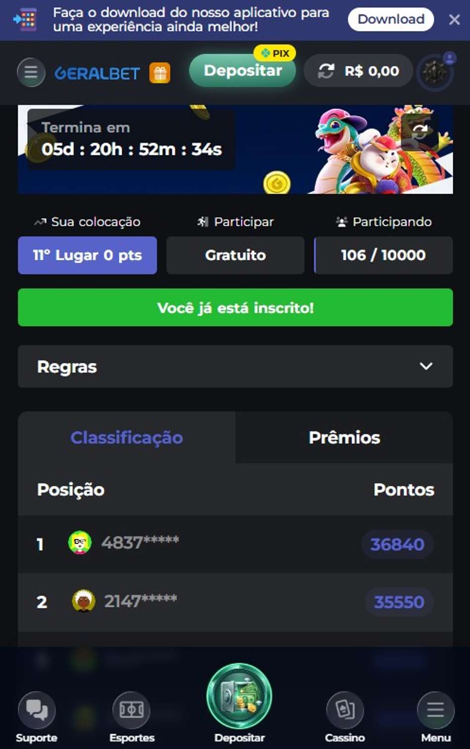 Captura de tela do torneio semanal que vale bônus na GeralBet.