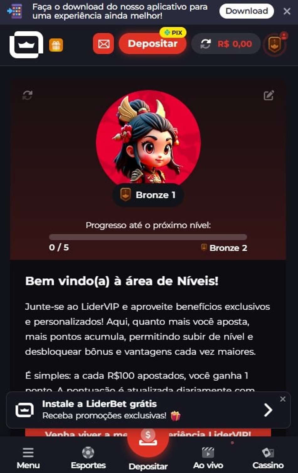 Captura de tela do programa de recompensas LiderVIP da LiderBet.
