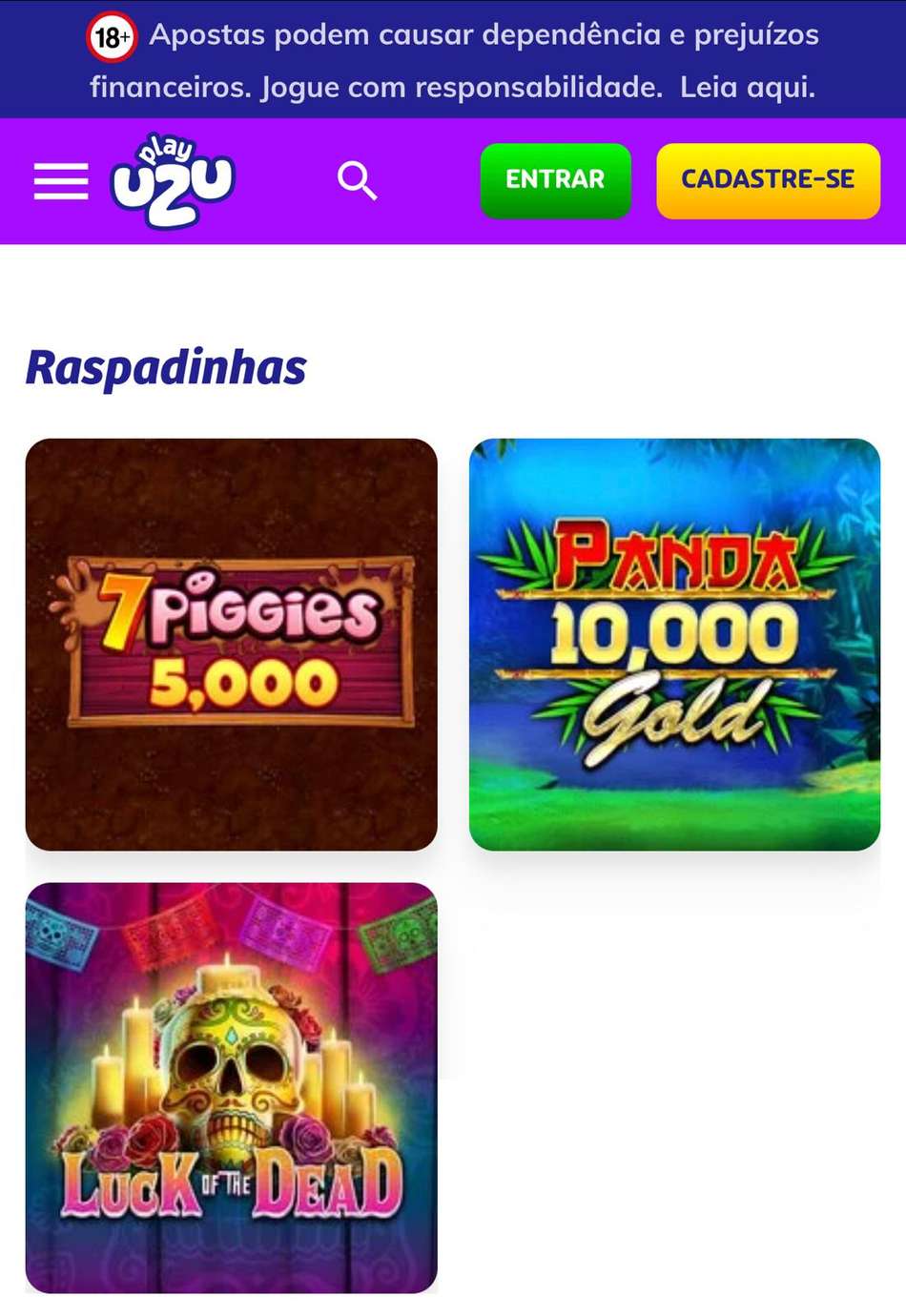 Captura de tela das raspadinhas disponíveis na PlayUZU.