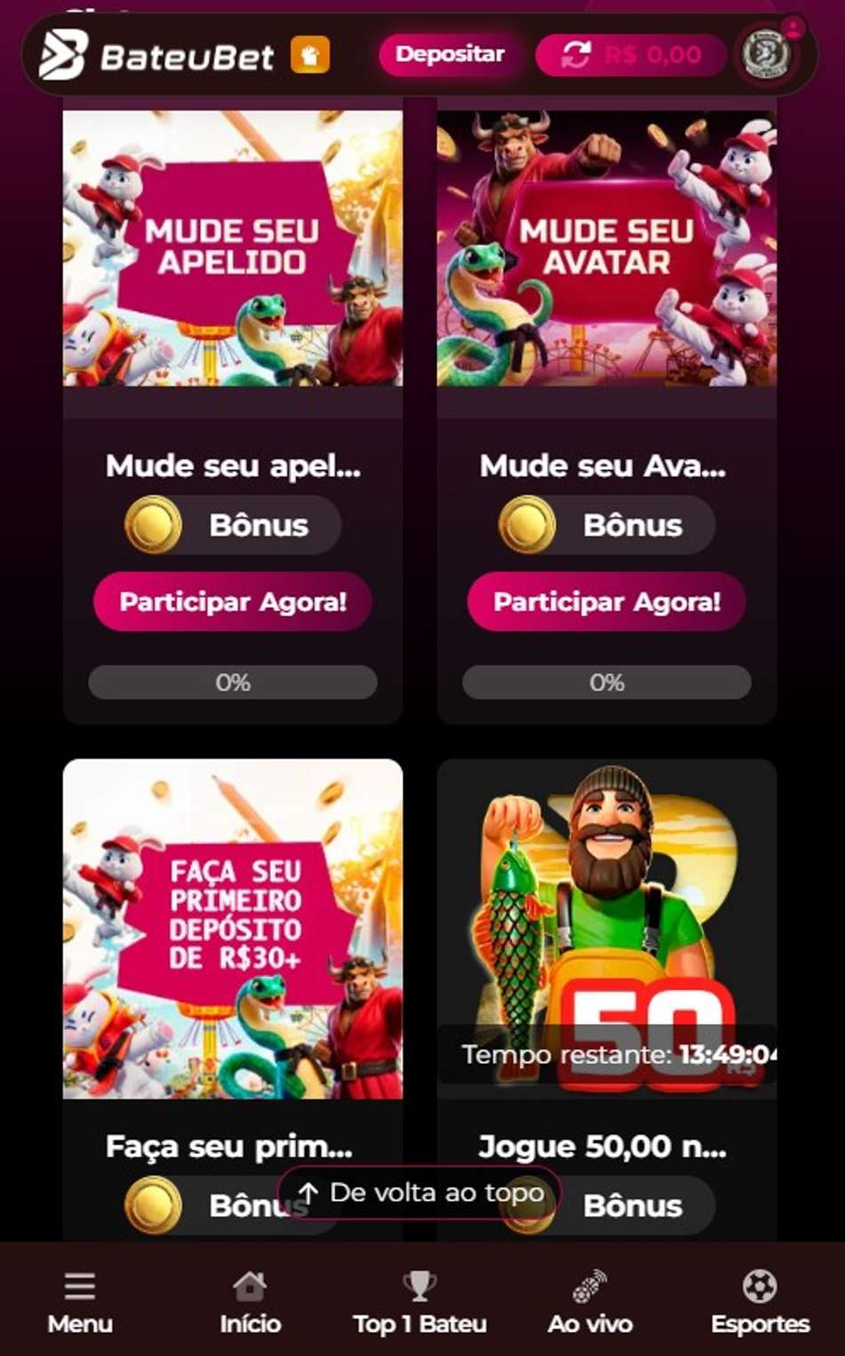 Captura da tela de missões com prêmios em rodadas grátis na BateuBet.