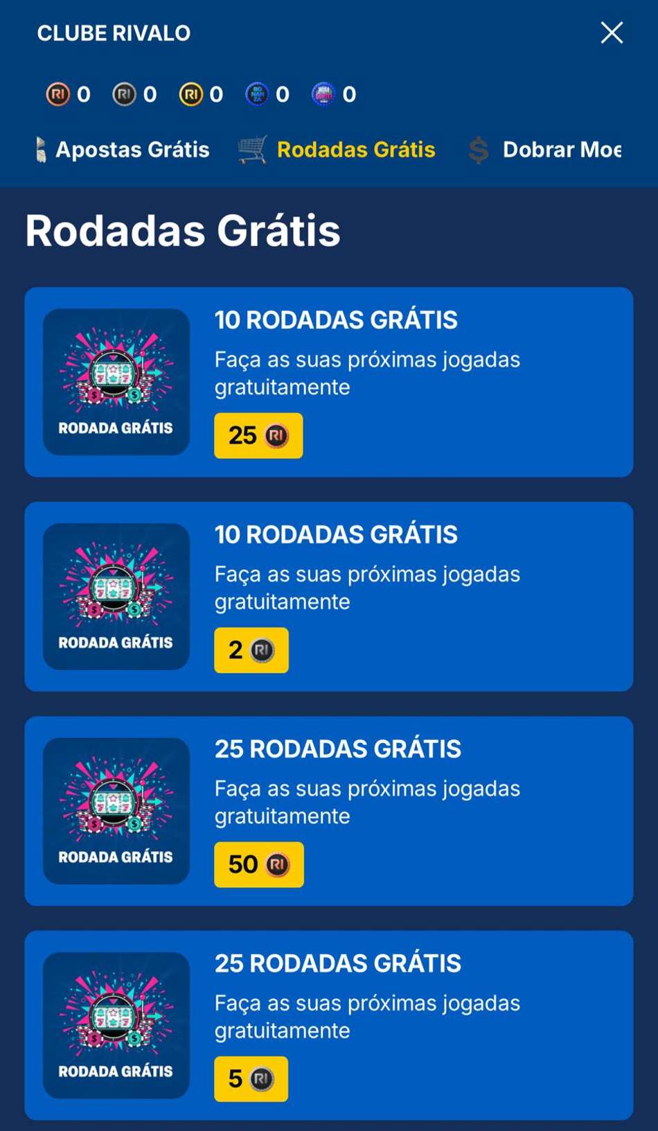 Captura de tela do Clube Rivalo, que tem prêmios em rodadas grátis.