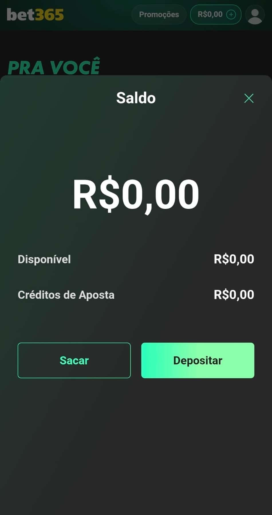 Captura de tela dos botões de depósitos e saques na bet365.