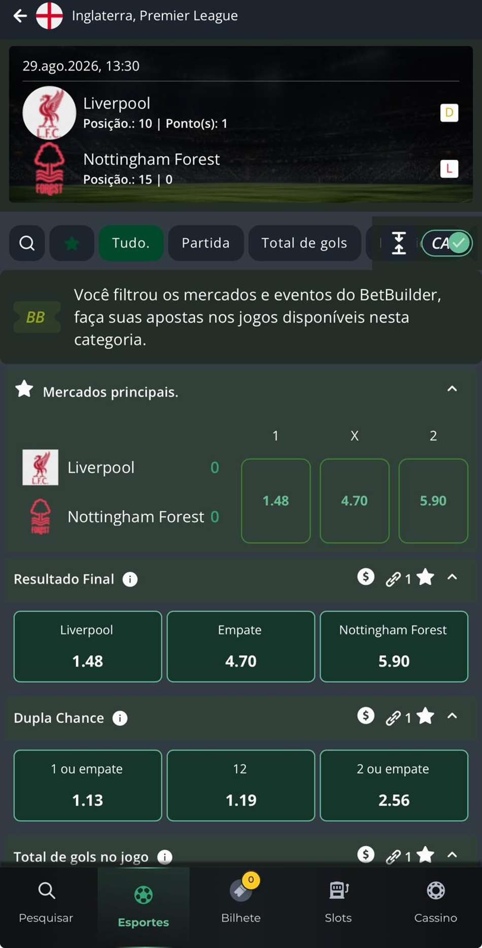 Captura da tela de apostas com Criar Aposta na Premier League na Segurobet.