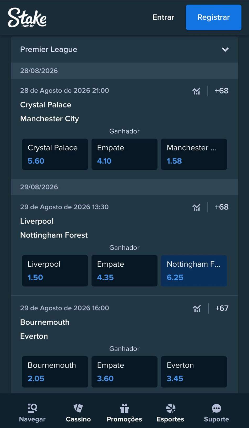 Captura da tela de apostas na Premier League na Stake.