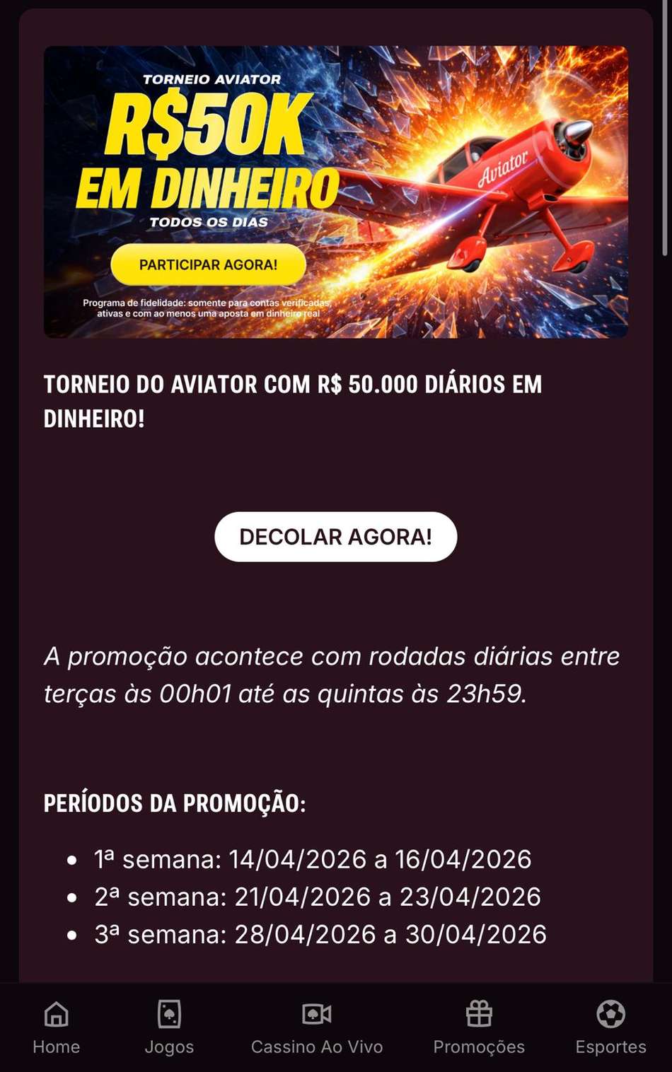 Captura de tela da Superbet com a oferta do Torneio do Aviator.