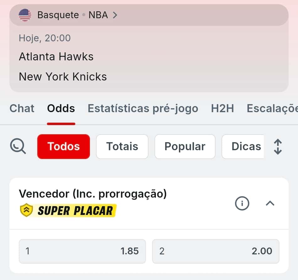 Captura de tela da Superbet exibindo um jogo agendado de basquete com o mercado de Moneyline do tipo 2-Way.
