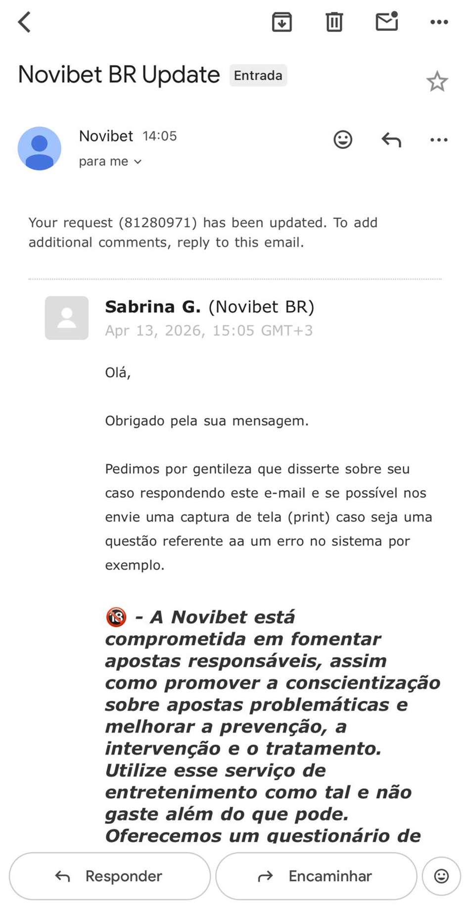 Captura da tela do suporte Novibet recebido via e-mail.