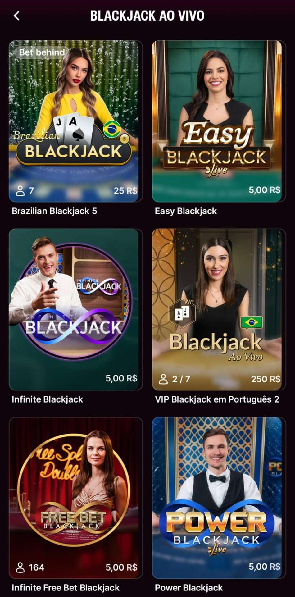 Captura de tela dos tipos de blackjack online