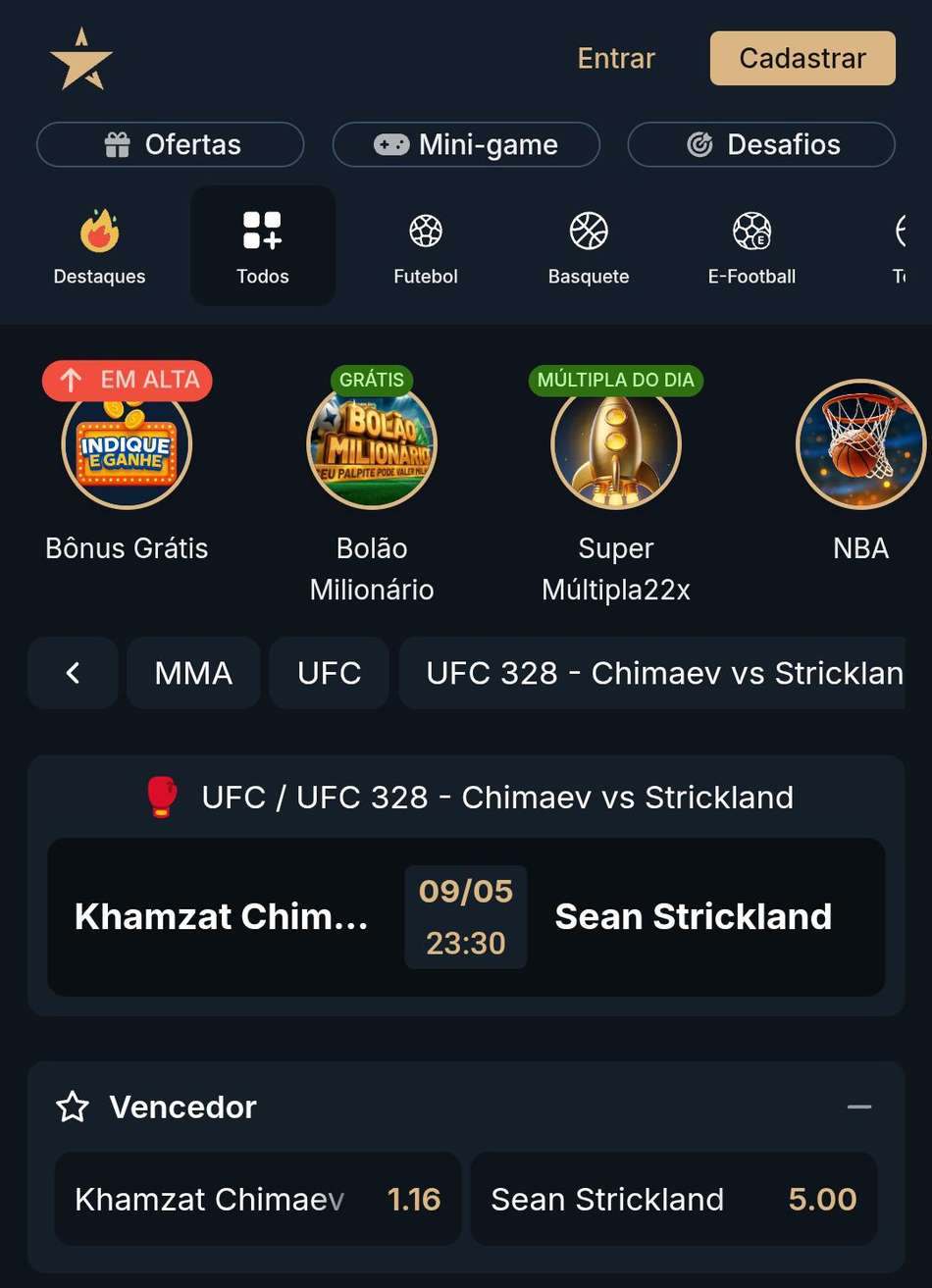 Captura de tela de aposta no UFC na Estrela bet
