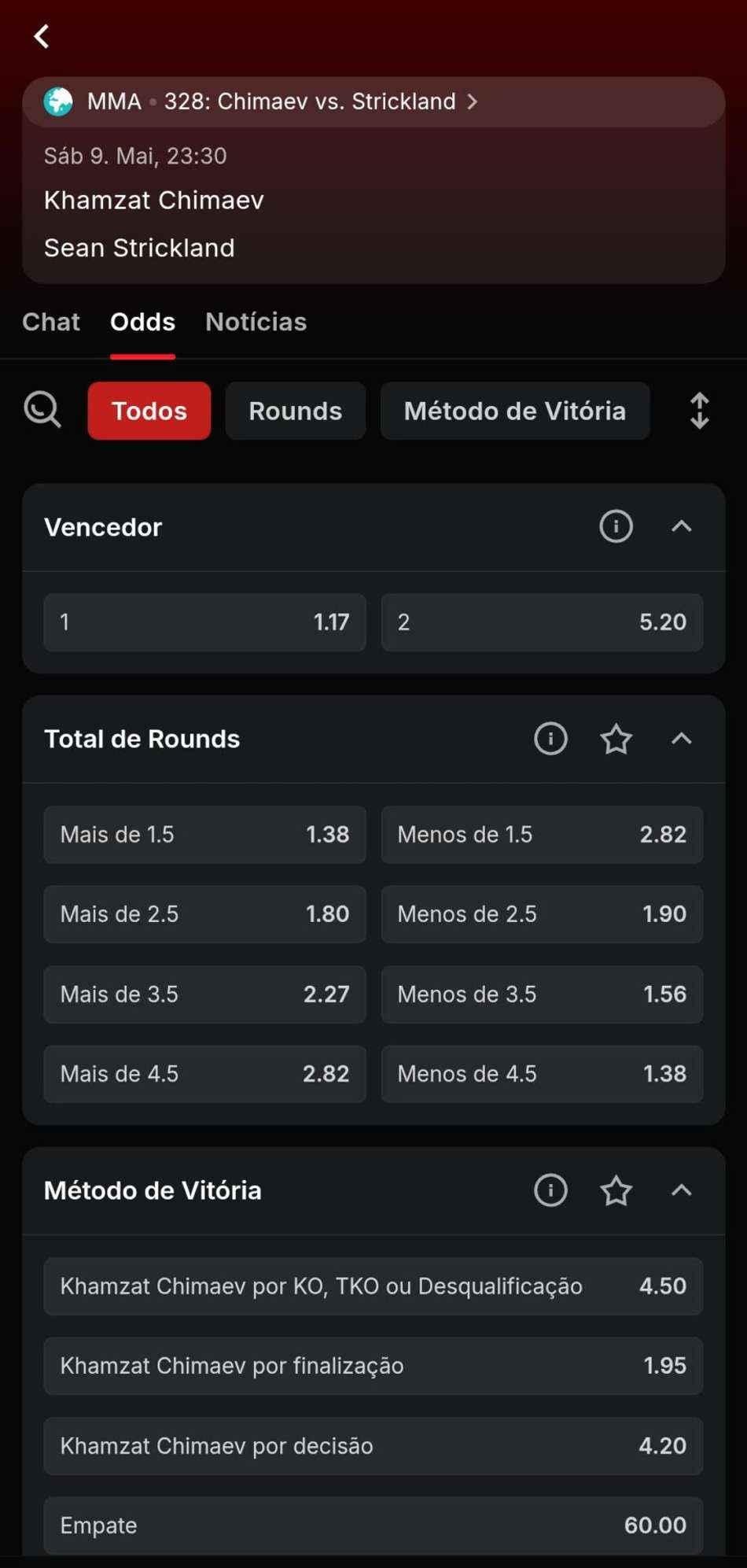 Captura de tela de apostas no UFC na Superbet