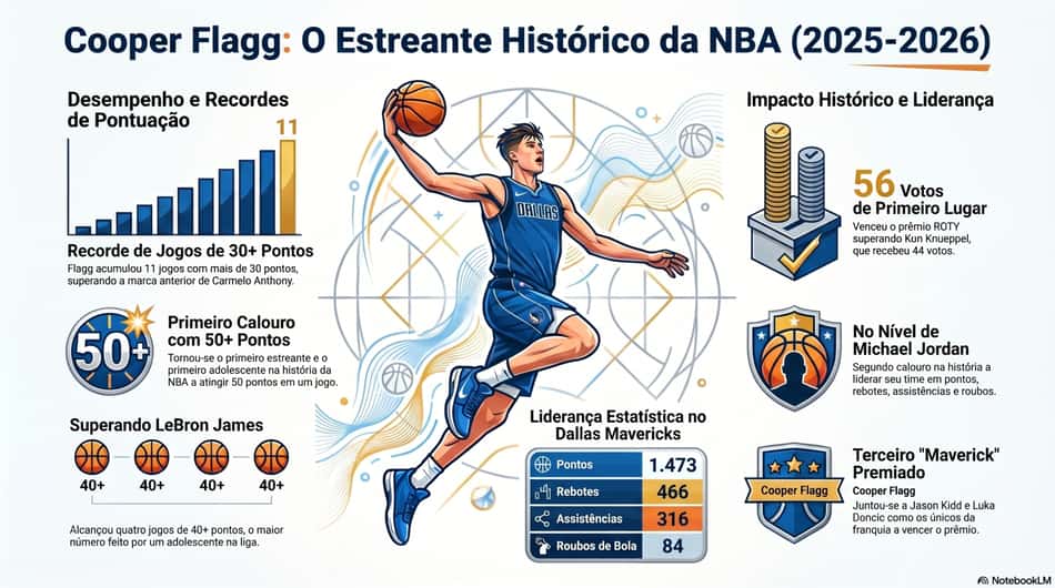 Gráfico mostra feitos da carreira de Cooper Flagg, eleito o calouro da temporada da NBA (Reprodução)