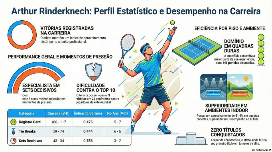 Gráfico mostra números da carreira do tenista francês Arthur Rinderknech, rival de João Fonseca (Reprodução)