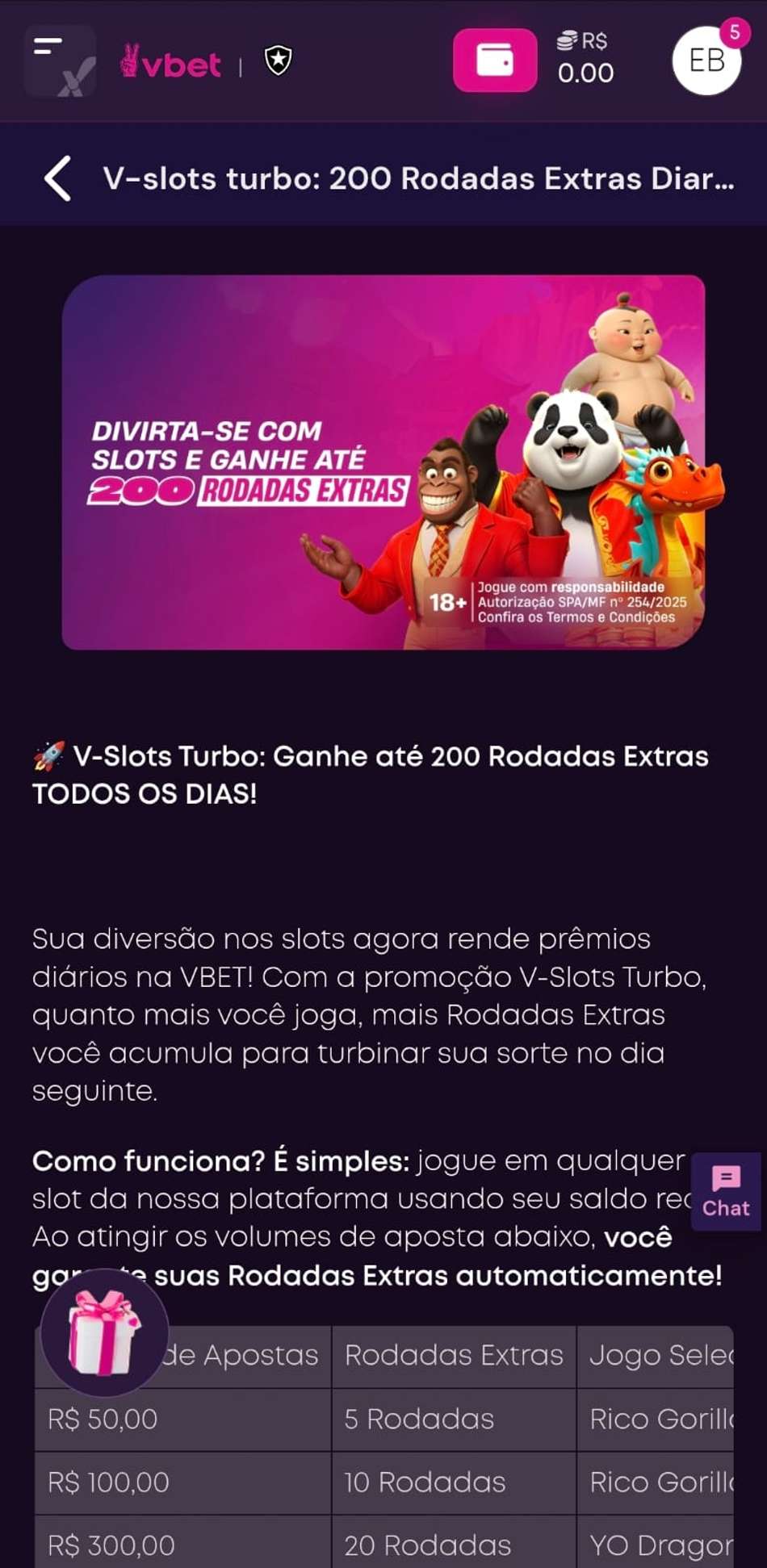 Captura de tela da Vbet, um novo cassino online no Brasil com a promoção V-slots turbo com até 200 rodadas grátis.