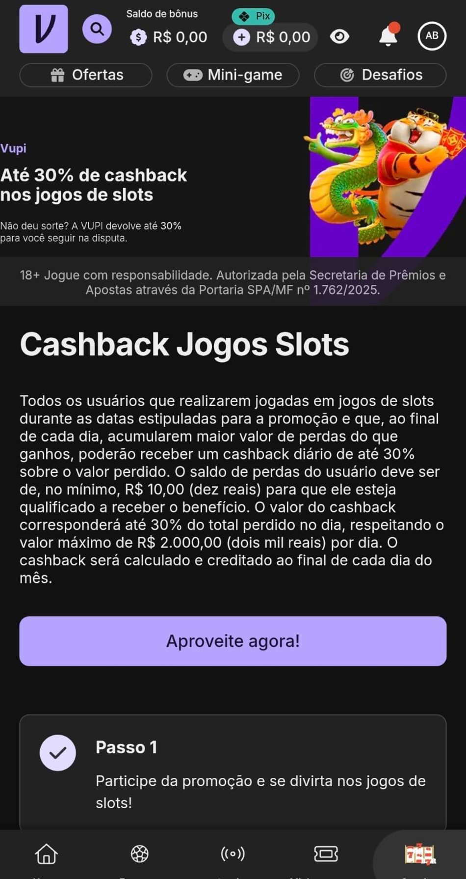 Captura de tela da Vupi exibindo o cashback de até 30% nos jogos slots do catálogo do novo cassino.
