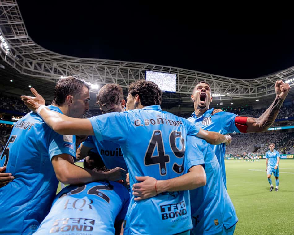 Jogadores do Santos comemoram gol no clássico contra o Palmeiras. (Foto: Raul Bareletta/ Santos FC)