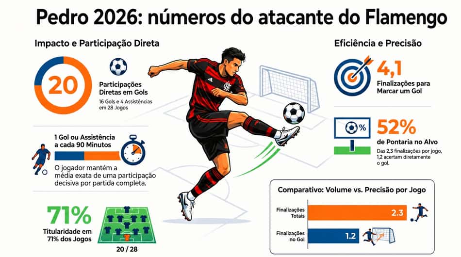 Números de Pedro pelo Flamengo em 2026 (Foto: Arte/Lance!)