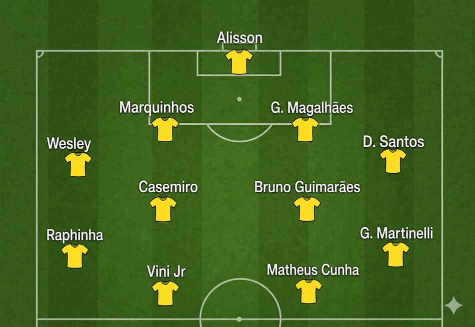 Campinho mostra possível escalação do Brasil de Ancelotti no 4-2-4 (Imagem gerada por IA)