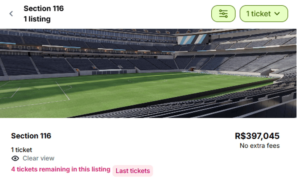 Reprodução do site Viagogo com venda de ingressos para a Copa do Mundo