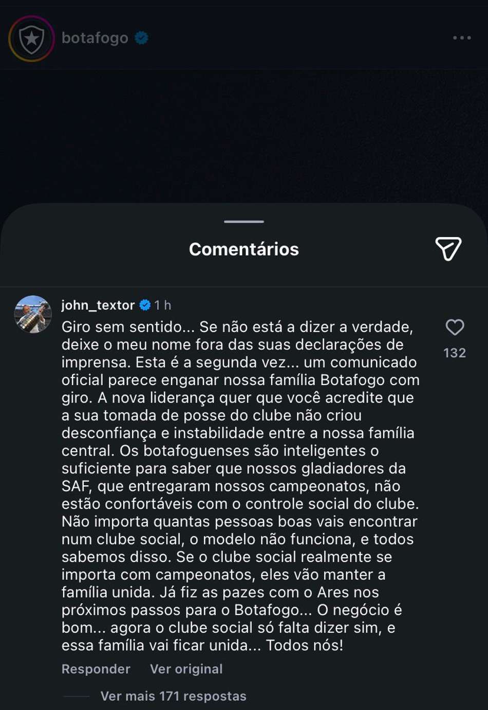 Comentário de Textor na nota oficial do Botafogo (Foto: Reprodução)