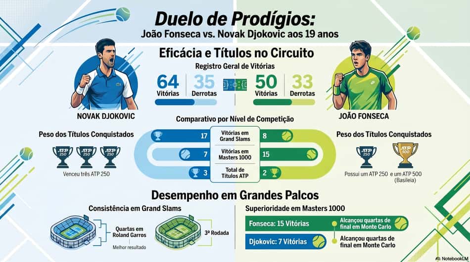 Gráfico mostra números de Djokovic e João Fonseca aos 19 anos e 9 meses (Reprodução)