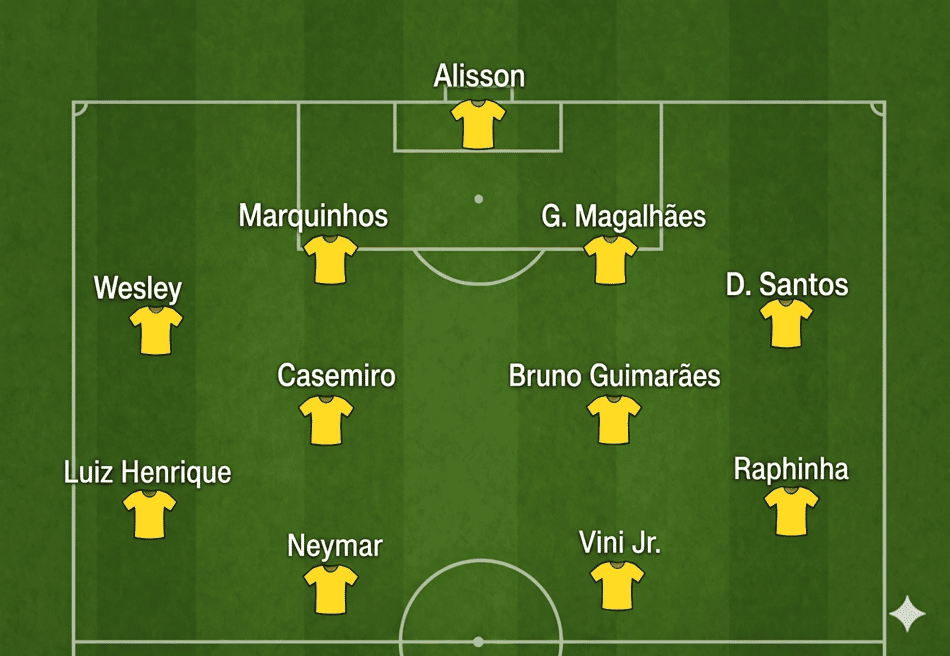 Arte com campinho do esquema 4-2-4 da seleção